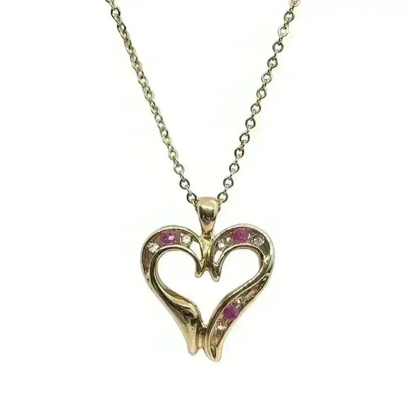 Ruby Large Heart Pendant Necklace 14K Gold EP & Chain cz accents - Picture 2 of 13